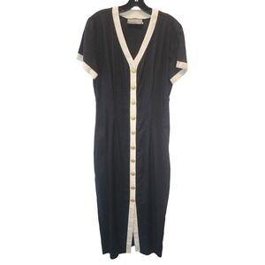 Carol Anderson Vintage 1999 Navy Linen Blend Button Front Midi Dress Women 8 NWD